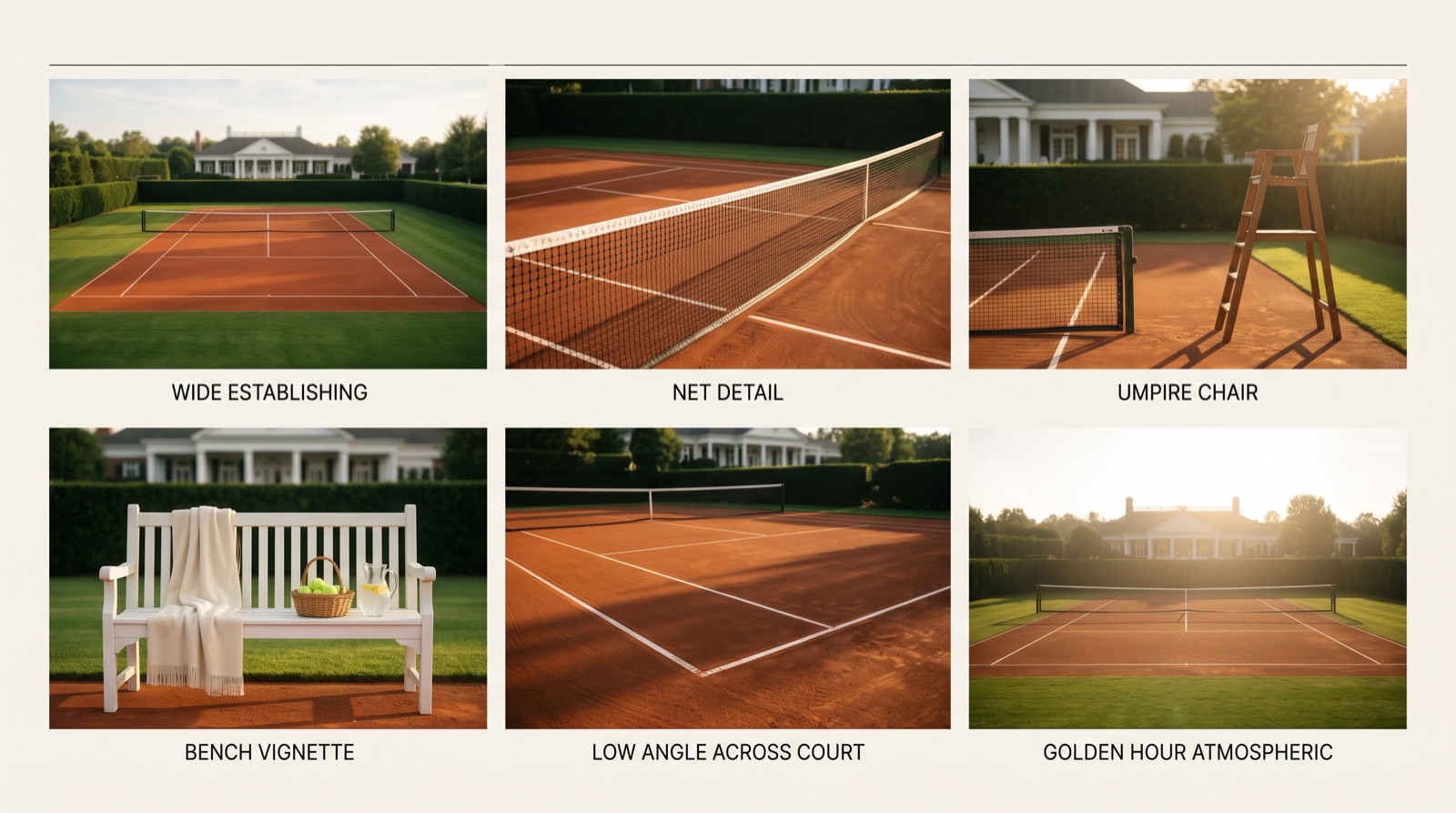 Tennis court location moodboard — multiple views